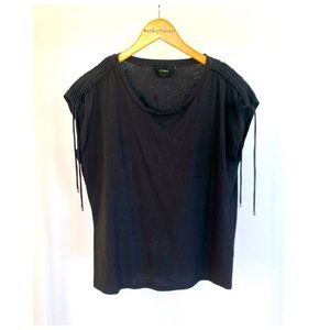 Woman’s black casual shirt with decorative shoulde